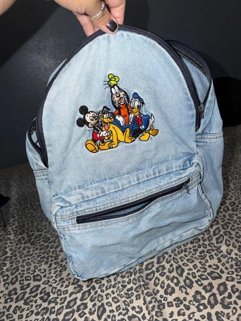 Disney Light Blue Denim Backpack with Mickey, Donald, Goofy & Pluto Patch